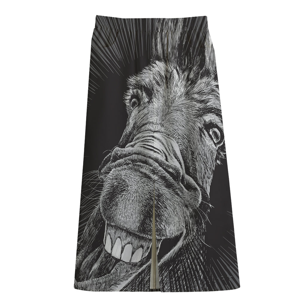Black And White Crazy Donkey Print Cotton Front Slit Maxi Skirt