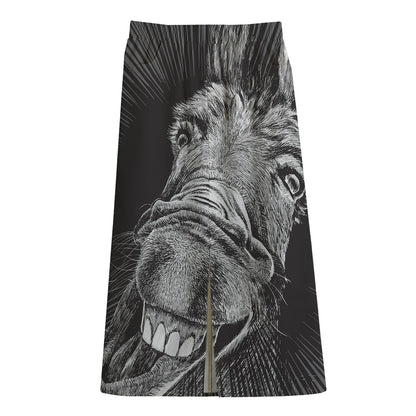 Black And White Crazy Donkey Print Cotton Front Slit Maxi Skirt