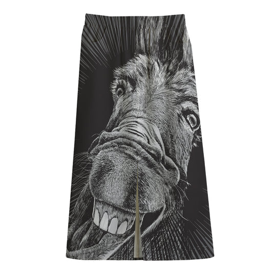 Black And White Crazy Donkey Print Cotton Front Slit Maxi Skirt