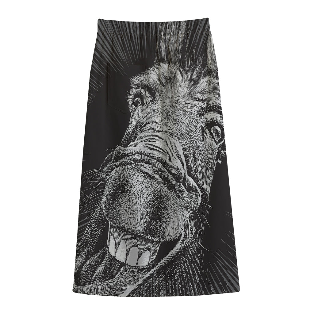 Black And White Crazy Donkey Print Cotton Front Slit Maxi Skirt
