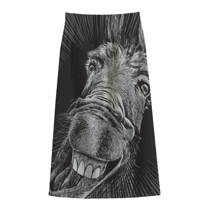 Black And White Crazy Donkey Print Cotton Front Slit Maxi Skirt
