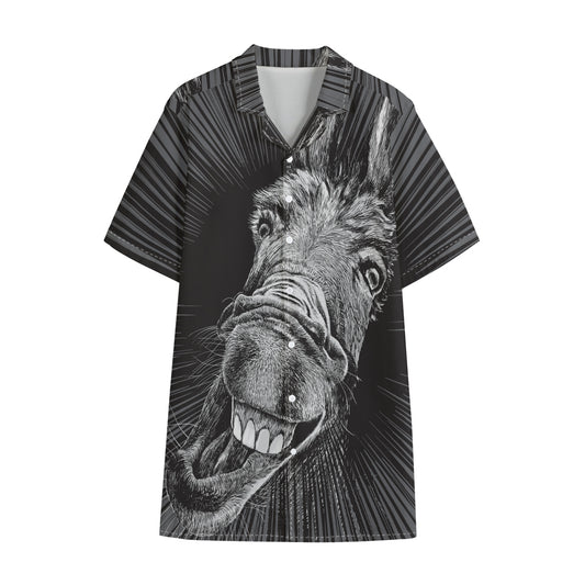 Black And White Crazy Donkey Print Cotton Hawaiian Shirt