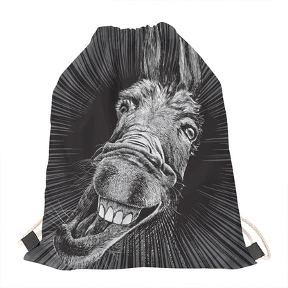 Black And White Crazy Donkey Print Drawstring Bag