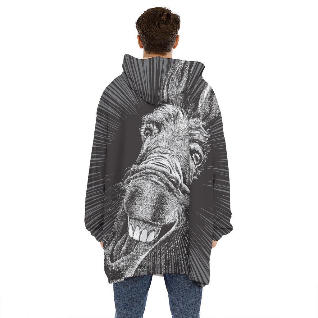 Black And White Crazy Donkey Print Hoodie Blanket