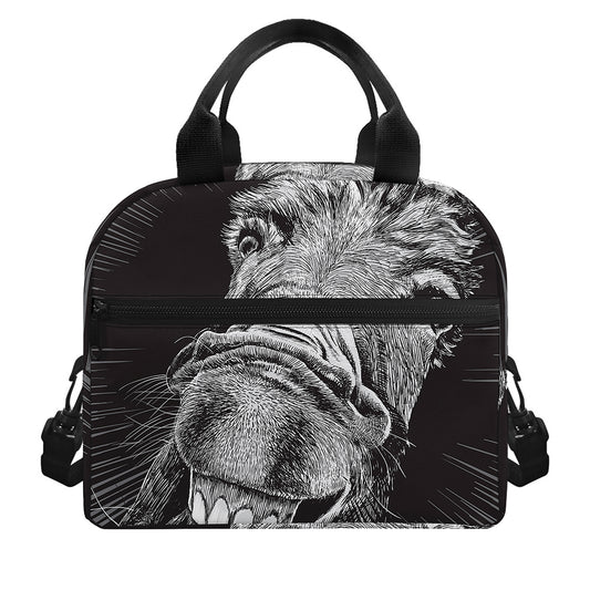 Black And White Crazy Donkey Print Insulated Lunch Bag