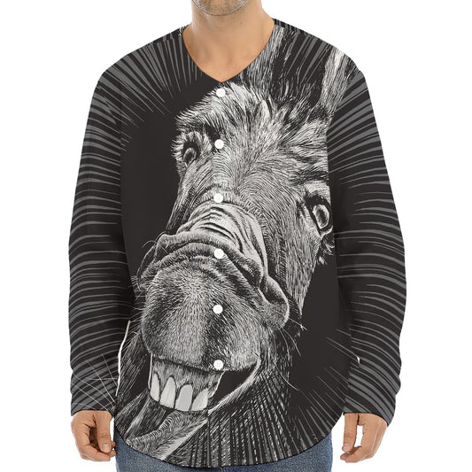 Black And White Crazy Donkey Print Long Sleeve Baseball Jersey
