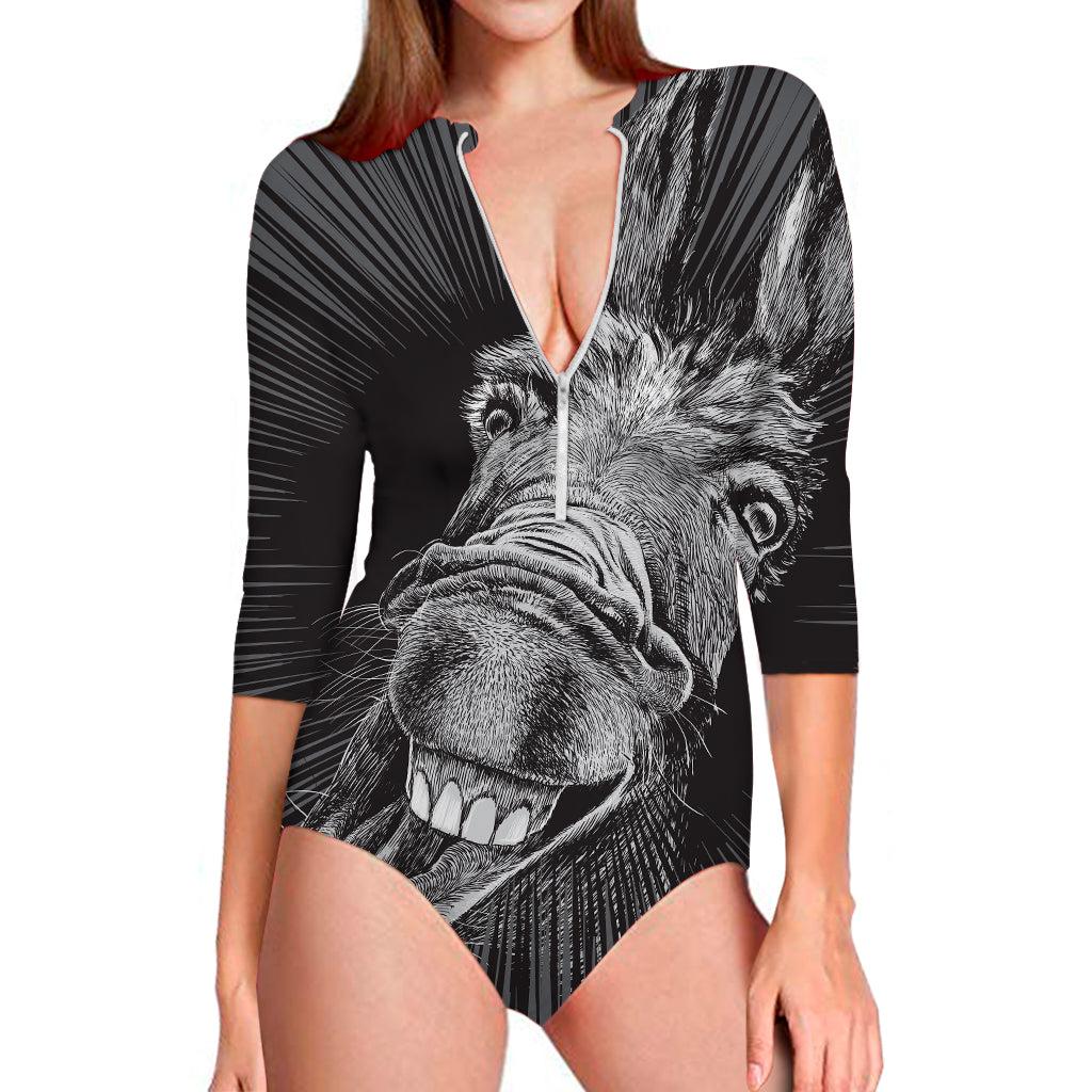 Black And White Crazy Donkey Print Long Sleeve Swimsuit