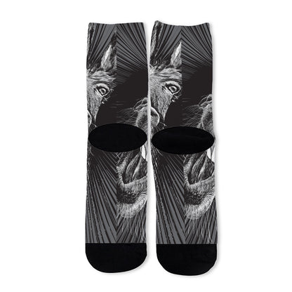 Black And White Crazy Donkey Print Long Socks