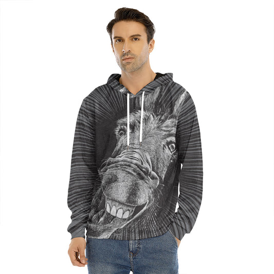 Black And White Crazy Donkey Print Men's Velvet Pullover Hoodie