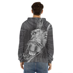 Black And White Crazy Donkey Print Men's Velvet Pullover Hoodie