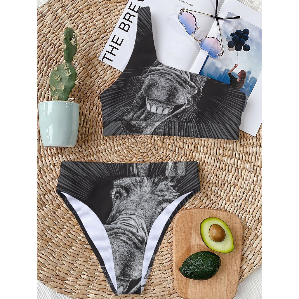 Black And White Crazy Donkey Print One Shoulder Bikini Top