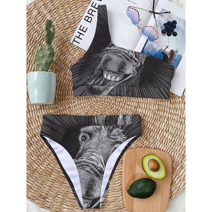 Black And White Crazy Donkey Print One Shoulder Bikini Top