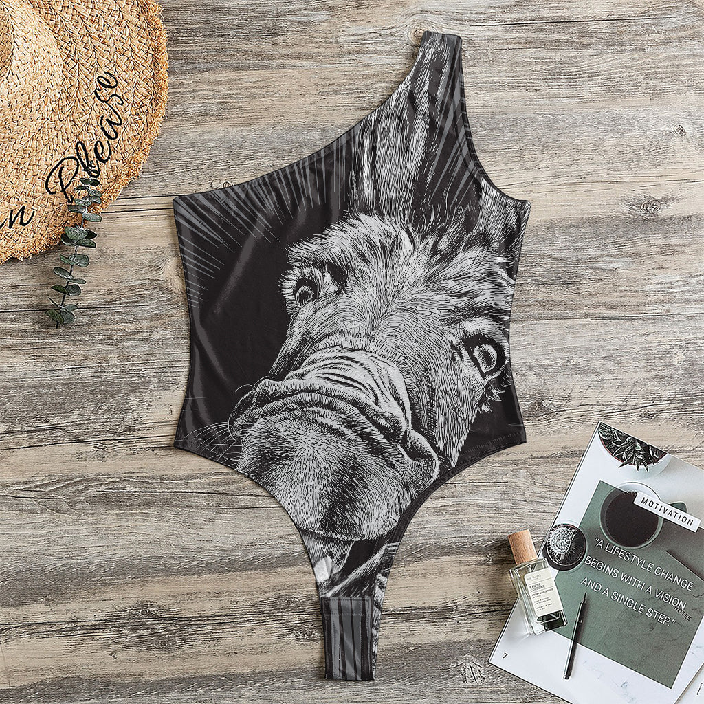 Black And White Crazy Donkey Print One Shoulder Bodysuit
