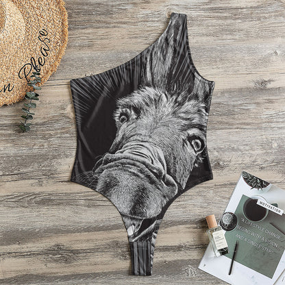 Black And White Crazy Donkey Print One Shoulder Bodysuit