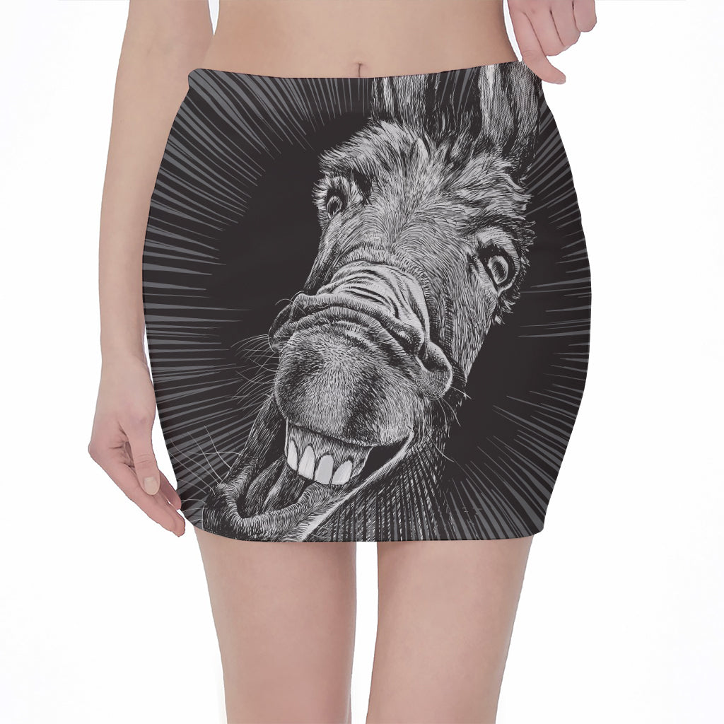 Black And White Crazy Donkey Print Pencil Mini Skirt