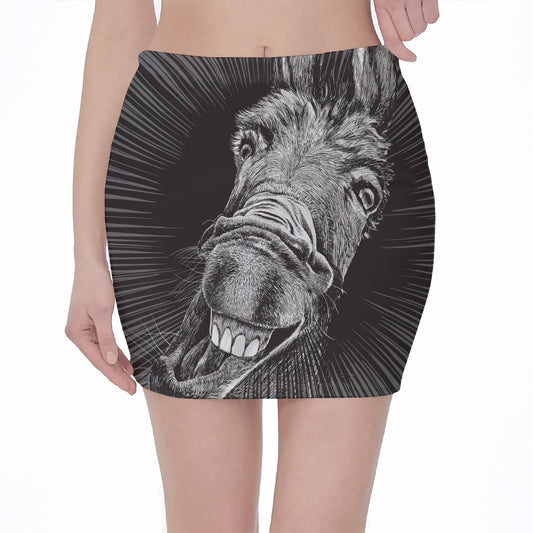 Black And White Crazy Donkey Print Pencil Mini Skirt
