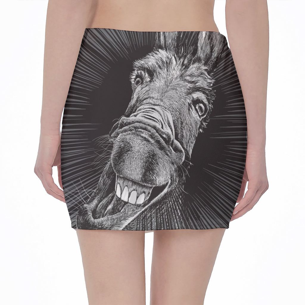 Black And White Crazy Donkey Print Pencil Mini Skirt