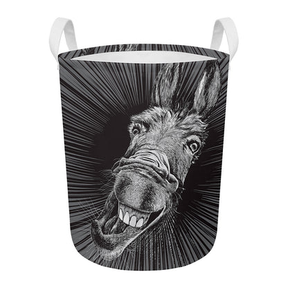 Black And White Crazy Donkey Print Round Laundry Basket