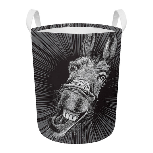 Black And White Crazy Donkey Print Round Laundry Basket