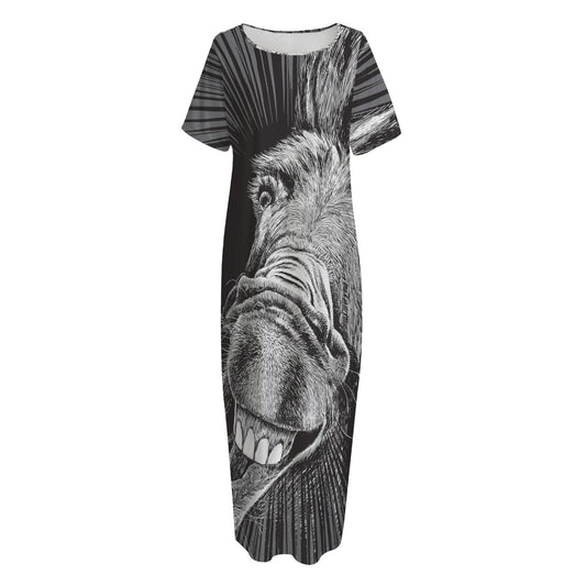 Black And White Crazy Donkey Print Short Sleeve Long Nightdress