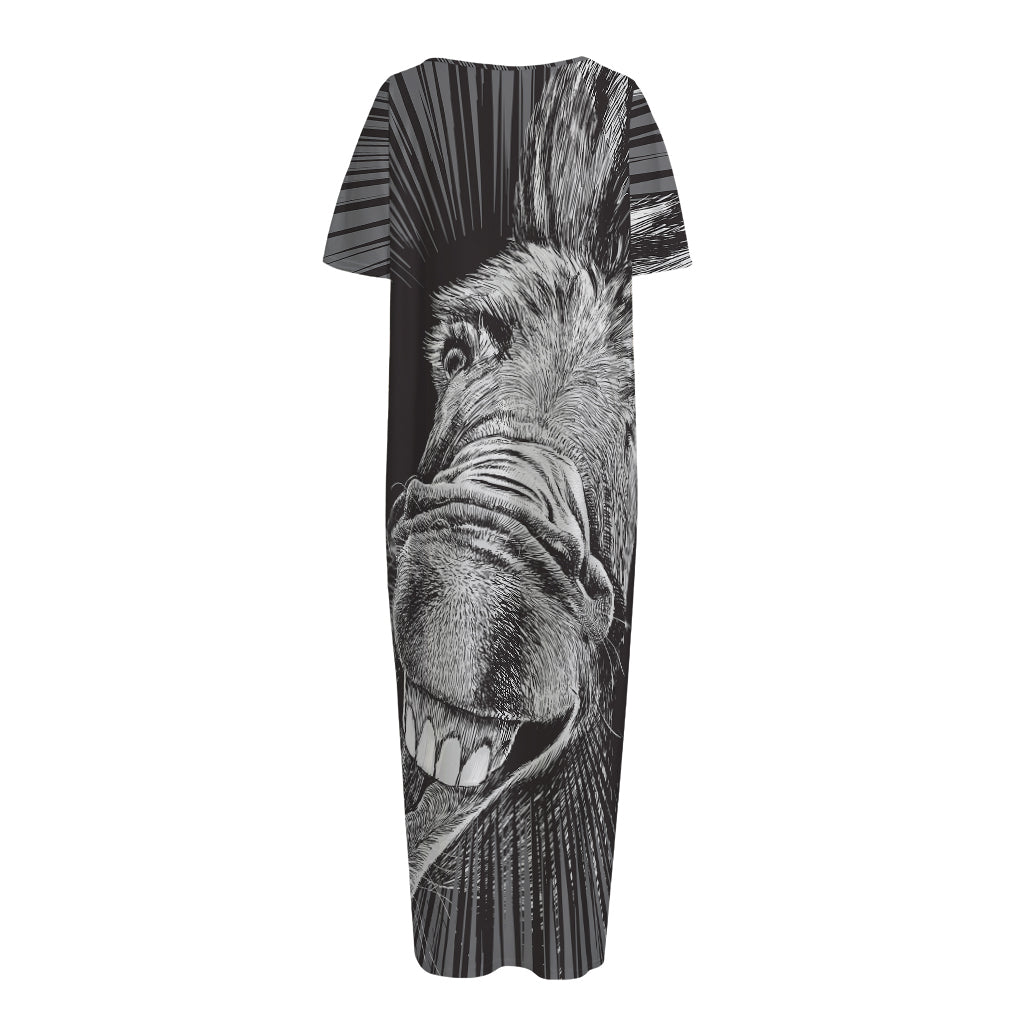 Black And White Crazy Donkey Print Short Sleeve Long Nightdress