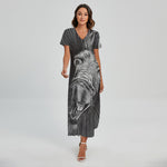 Black And White Crazy Donkey Print Short Sleeve Maxi Dress