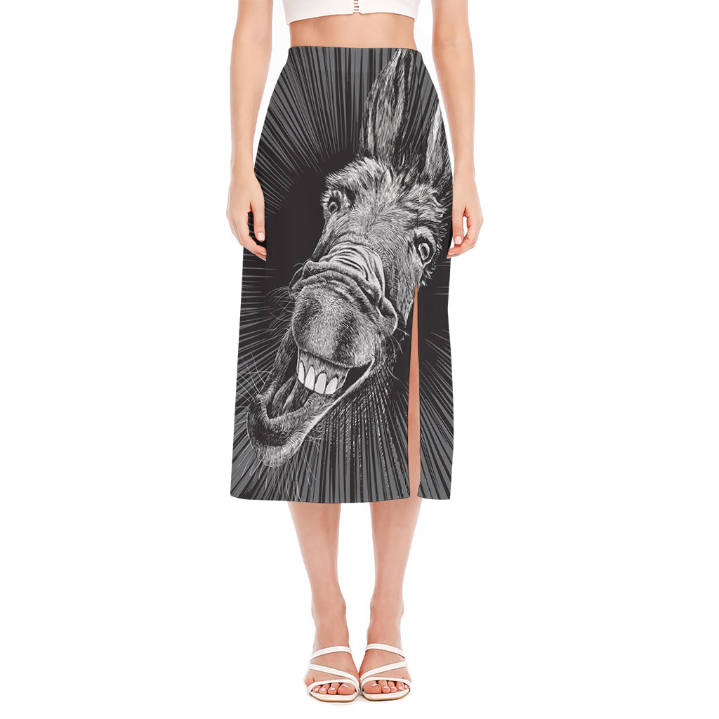 Black And White Crazy Donkey Print Side Slit Midi Skirt