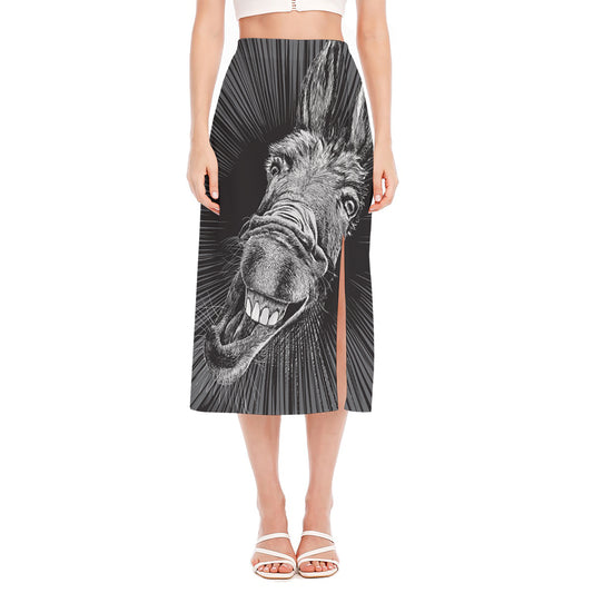 Black And White Crazy Donkey Print Side Slit Midi Skirt