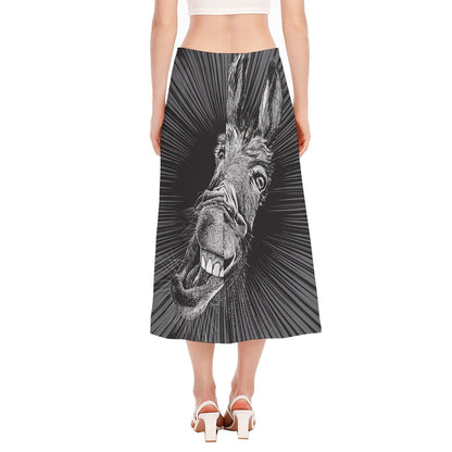 Black And White Crazy Donkey Print Side Slit Midi Skirt