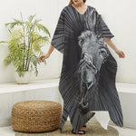 Black And White Crazy Donkey Print Silk V-Neck Kaftan Dress