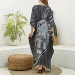 Black And White Crazy Donkey Print Silk V-Neck Kaftan Dress