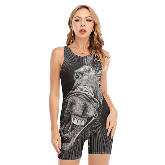 Black And White Crazy Donkey Print Sleeveless One Piece Swimsuit