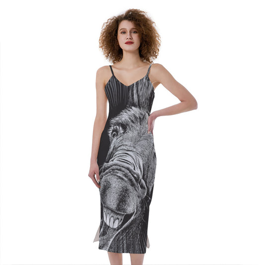 Black And White Crazy Donkey Print Slim Fit Midi Cami Dress