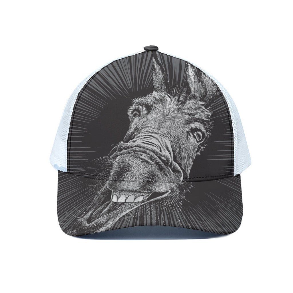 Black And White Crazy Donkey Print White Mesh Trucker Cap