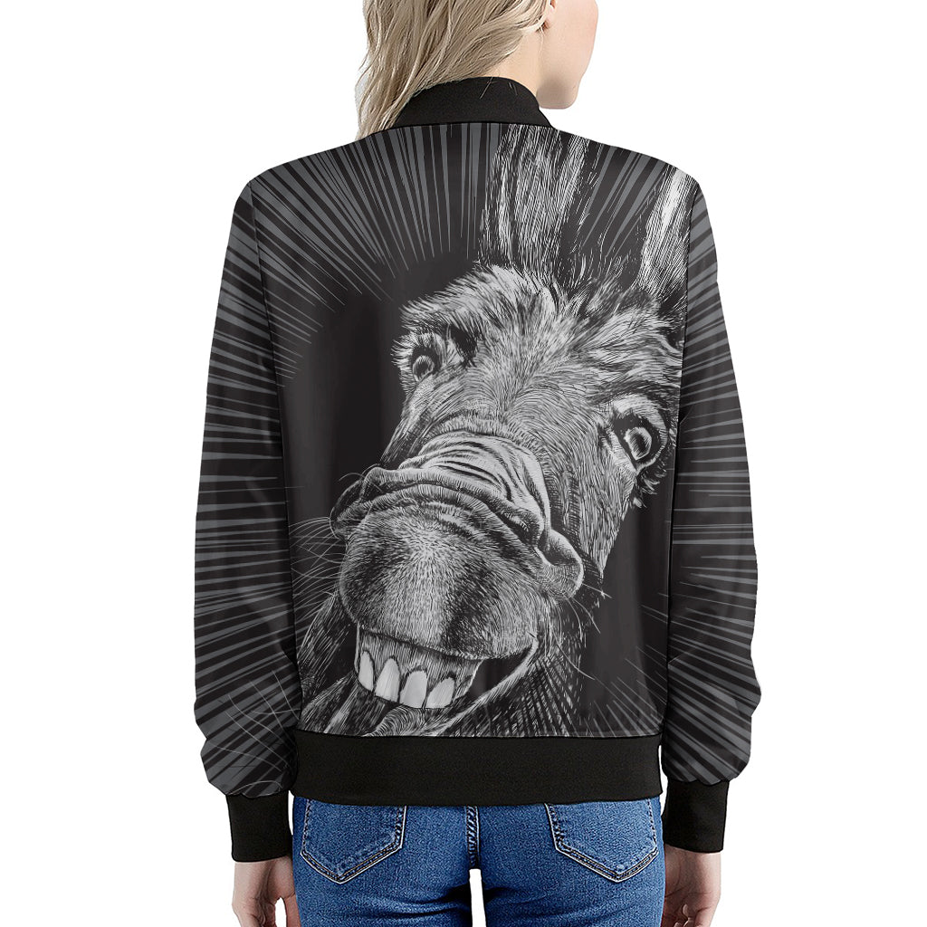 Black And White Crazy Donkey Print Women's Bomber Jacket