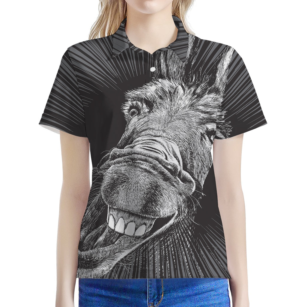 Black And White Crazy Donkey Print Women's Polo Shirt