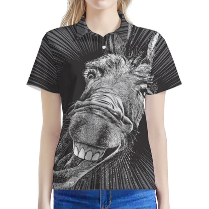 Black And White Crazy Donkey Print Women's Polo Shirt