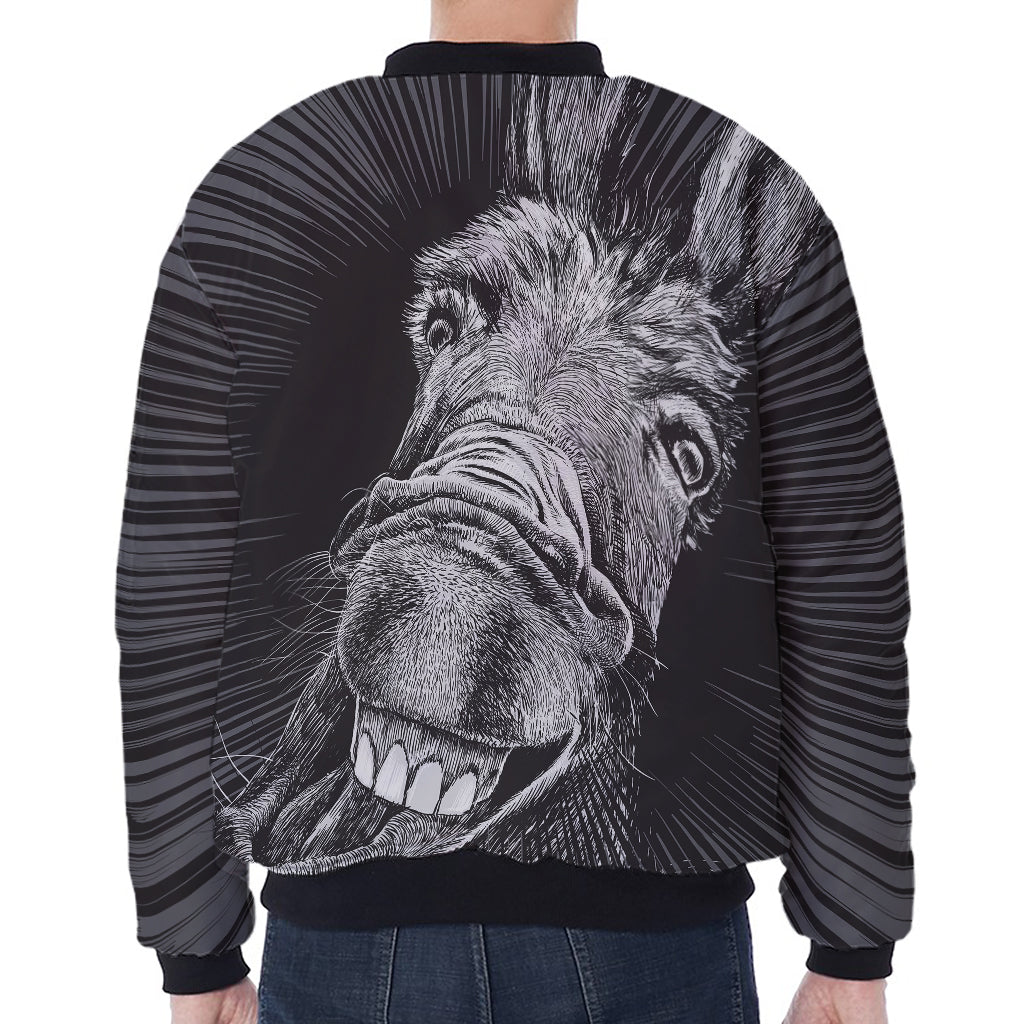 Black And White Crazy Donkey Print Zip Sleeve Bomber Jacket