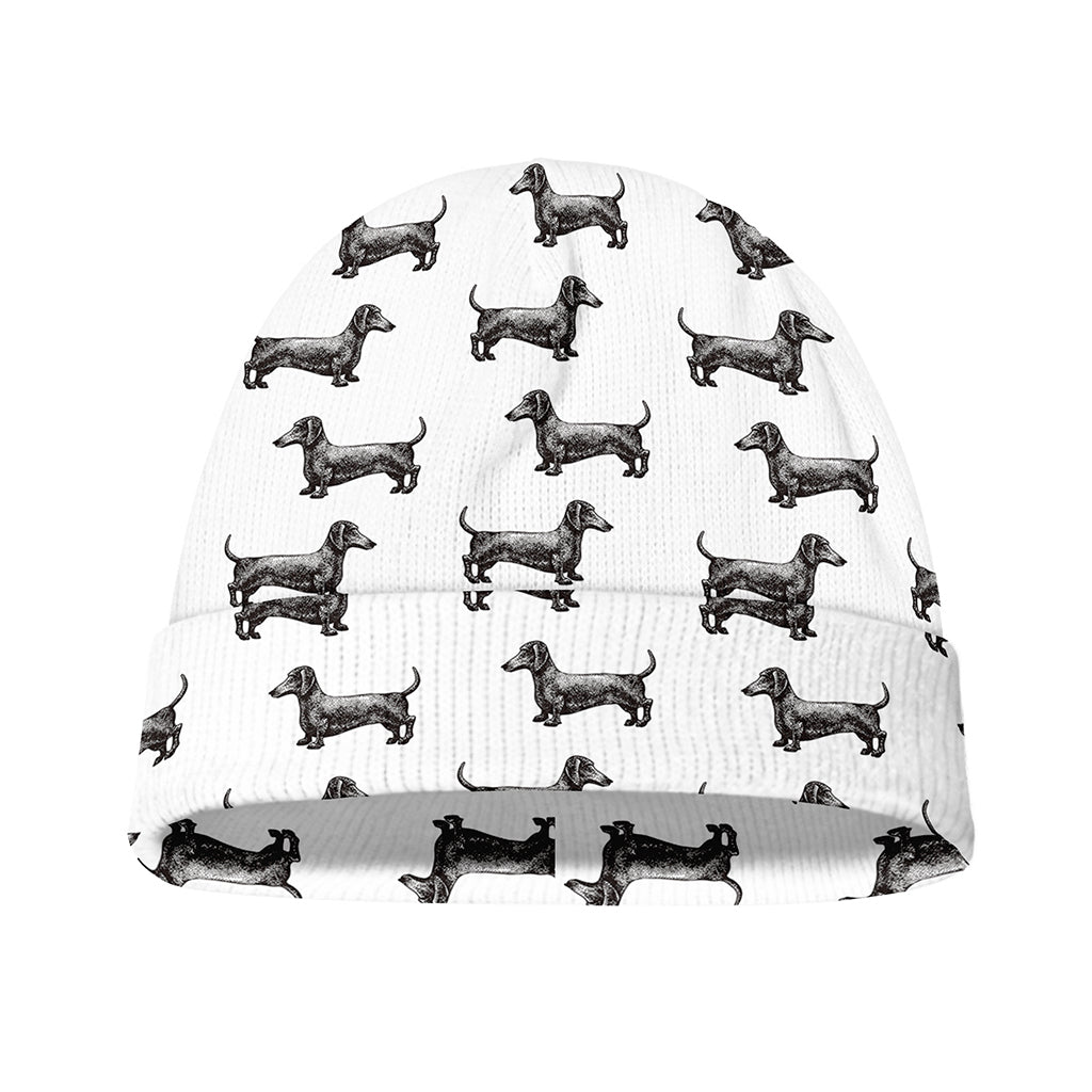 Black And White Dachshund Pattern Print Beanie