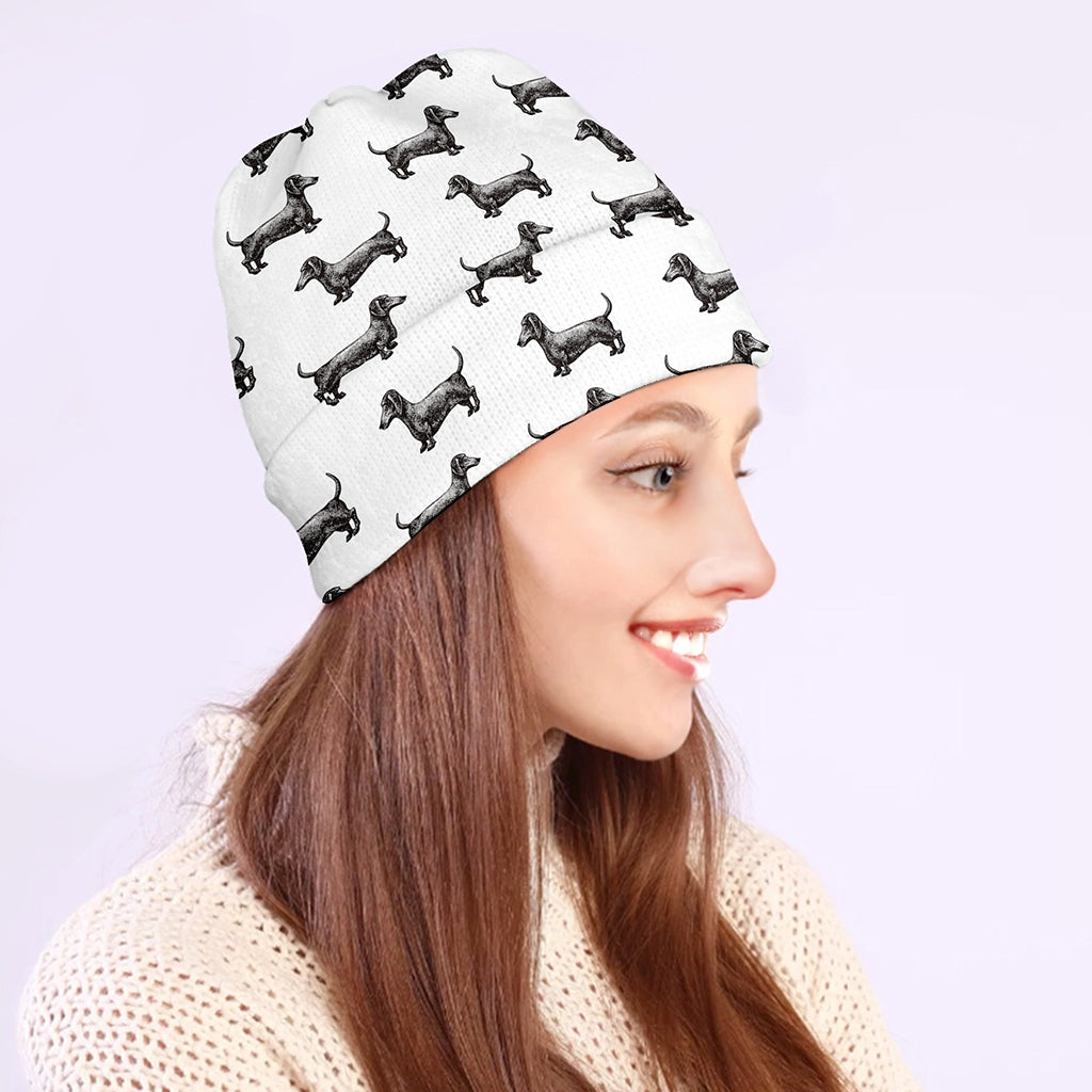 Black And White Dachshund Pattern Print Beanie