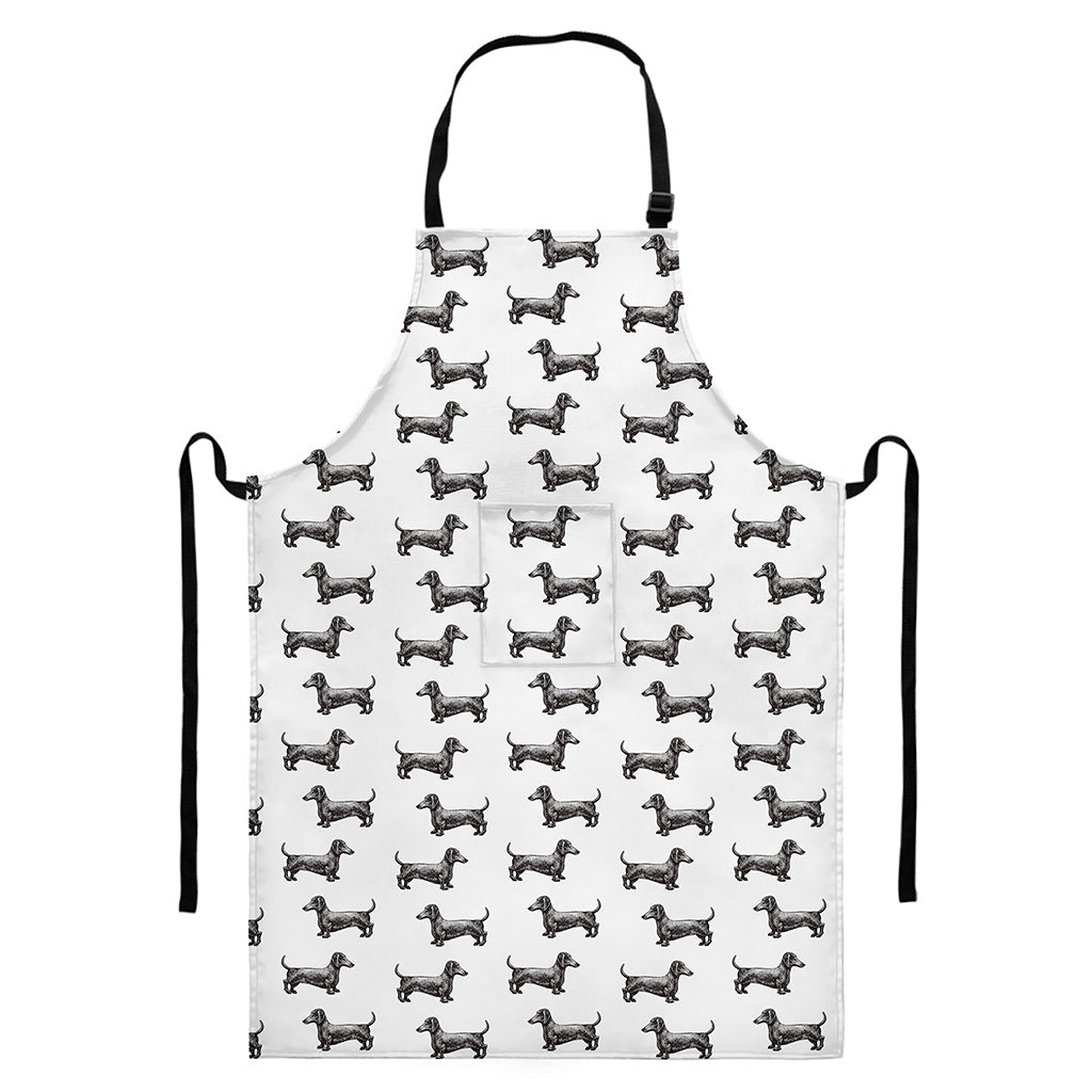 Black And White Dachshund Pattern Print Bib Apron With Pocket