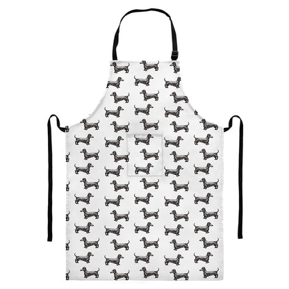 Black And White Dachshund Pattern Print Bib Apron With Pocket
