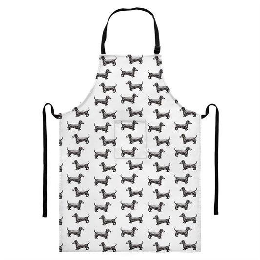 Black And White Dachshund Pattern Print Bib Apron With Pocket