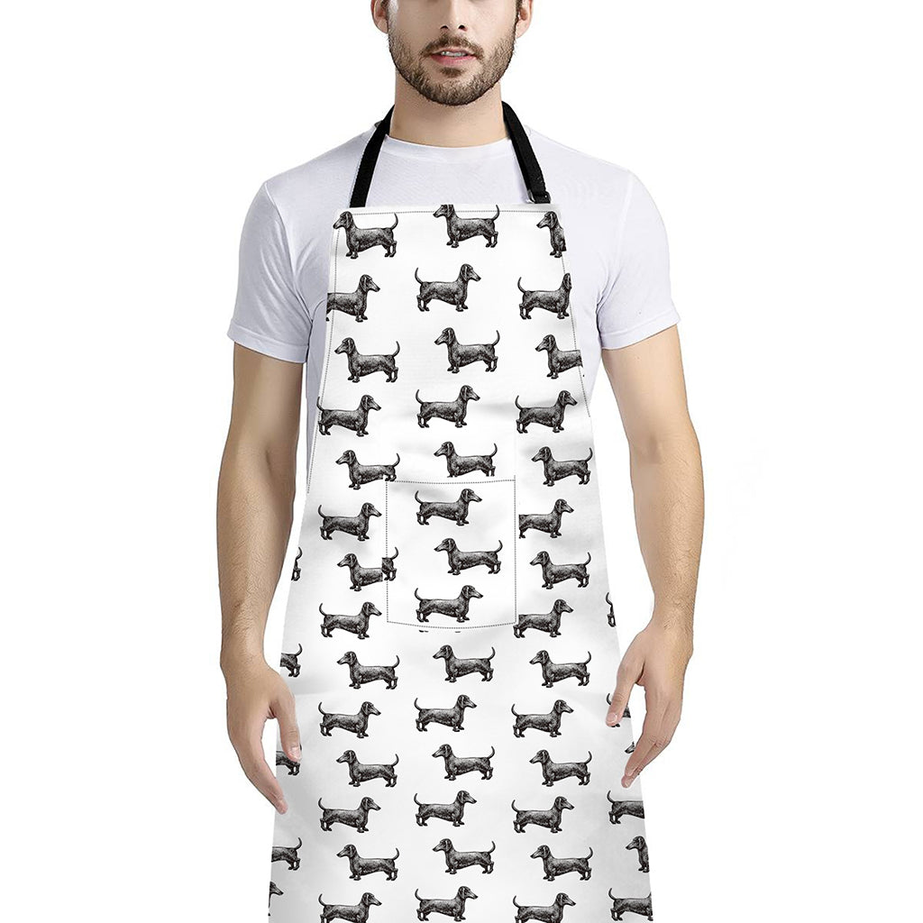 Black And White Dachshund Pattern Print Bib Apron With Pocket