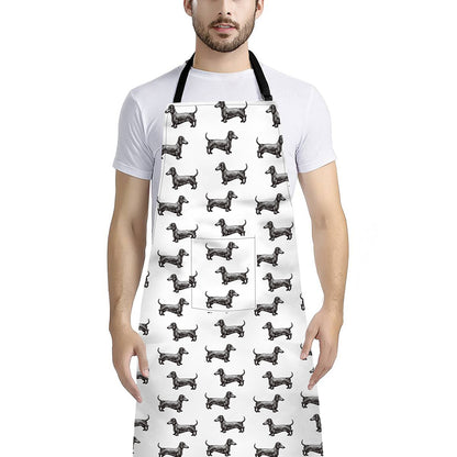Black And White Dachshund Pattern Print Bib Apron With Pocket