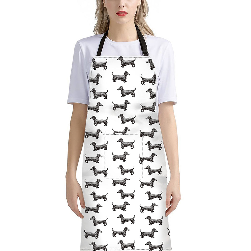 Black And White Dachshund Pattern Print Bib Apron With Pocket