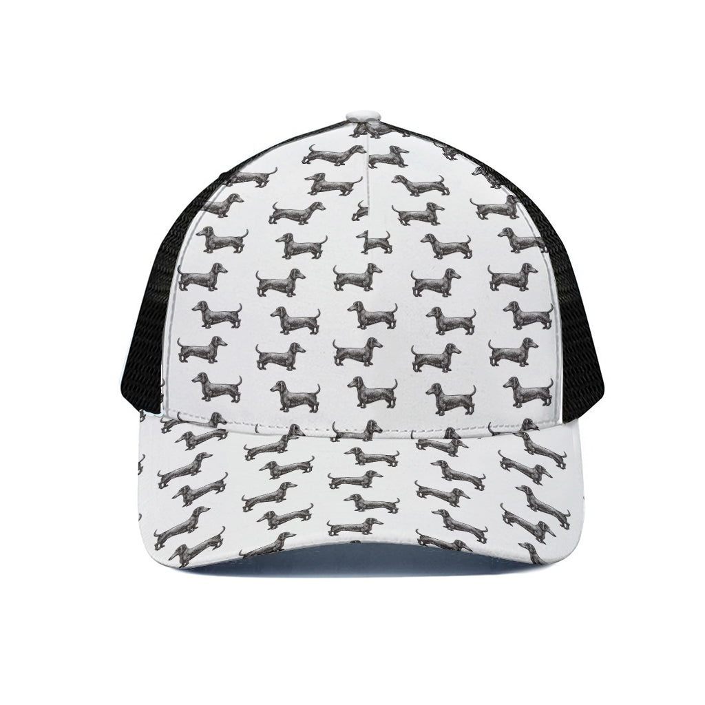 Black And White Dachshund Pattern Print Black Mesh Trucker Cap