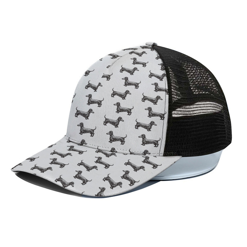 Black And White Dachshund Pattern Print Black Mesh Trucker Cap