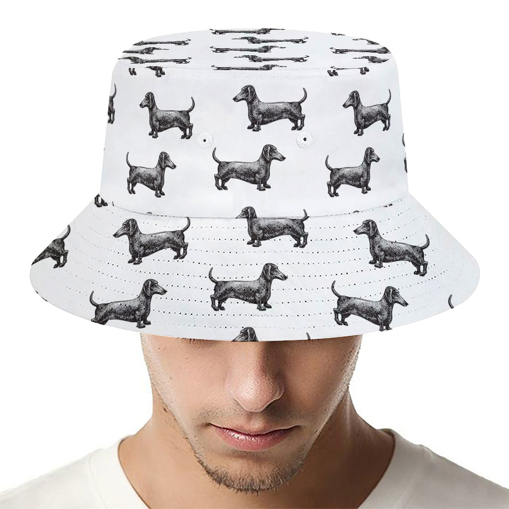 Black And White Dachshund Pattern Print Bucket Hat