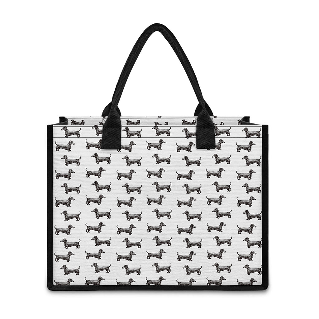Black And White Dachshund Pattern Print Canvas Tote Bag